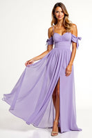 Load image into Gallery viewer, A Line Lilac Backless Long Bridesmaid Dress with Slit