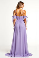 Load image into Gallery viewer, A Line Lilac Backless Long Bridesmaid Dress with Slit