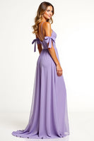 Load image into Gallery viewer, A Line Lilac Backless Long Bridesmaid Dress with Slit