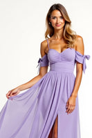 Load image into Gallery viewer, A Line Lilac Backless Long Bridesmaid Dress with Slit