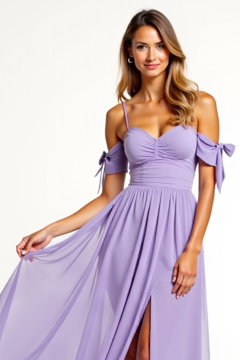 Load image into Gallery viewer, A Line Lilac Backless Long Bridesmaid Dress with Slit