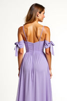 Load image into Gallery viewer, A Line Lilac Backless Long Bridesmaid Dress with Slit