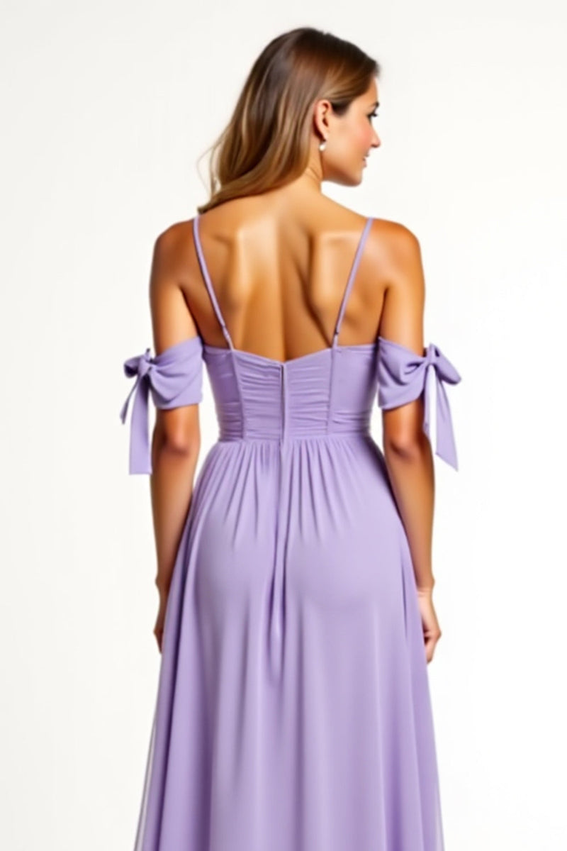 Load image into Gallery viewer, A Line Lilac Backless Long Bridesmaid Dress with Slit