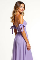 Load image into Gallery viewer, A Line Lilac Backless Long Bridesmaid Dress with Slit