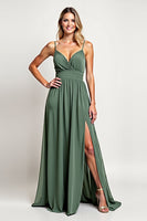 Load image into Gallery viewer, Chiffon Eucalyptus A Line Long Bridesmaid Dress with Slit