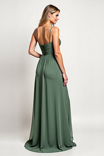 Chiffon Eucalyptus A Line Long Bridesmaid Dress with Slit