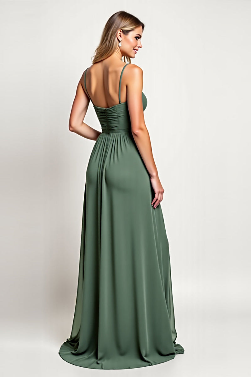 Load image into Gallery viewer, Chiffon Eucalyptus A Line Long Bridesmaid Dress with Slit