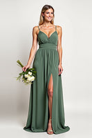 Load image into Gallery viewer, Chiffon Eucalyptus A Line Long Bridesmaid Dress with Slit