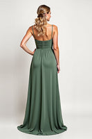 Load image into Gallery viewer, Chiffon Eucalyptus A Line Long Bridesmaid Dress with Slit