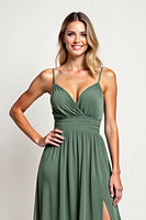 Load image into Gallery viewer, Chiffon Eucalyptus A Line Long Bridesmaid Dress with Slit