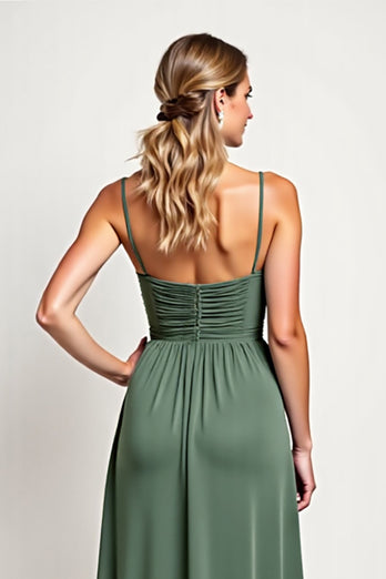 Chiffon Eucalyptus A Line Long Bridesmaid Dress with Slit