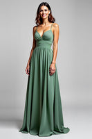 Load image into Gallery viewer, A Line Eucalyptus Ruched Long Bridesmaid Dress