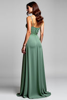 Load image into Gallery viewer, A Line Eucalyptus Ruched Long Bridesmaid Dress