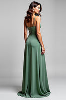 Load image into Gallery viewer, A Line Eucalyptus Ruched Long Bridesmaid Dress
