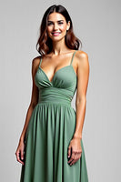 Load image into Gallery viewer, A Line Eucalyptus Ruched Long Bridesmaid Dress