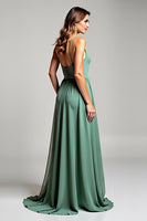 Load image into Gallery viewer, Deep V-Neck Eucalyptus Chiffon Long Bridesmaid Dress