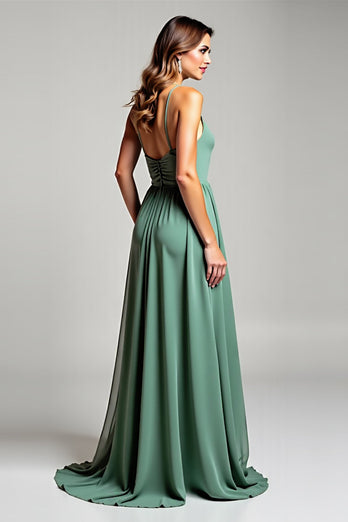 Deep V-Neck Eucalyptus Chiffon Long Bridesmaid Dress