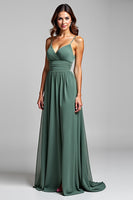 Load image into Gallery viewer, Spaghetti Straps Chiffon Eucalyptus Long Bridesmaid Dress
