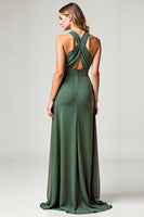 Load image into Gallery viewer, Chiffon Eucalyptus Crossed Straps Long Bridesmaid Dress