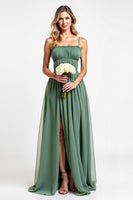 Load image into Gallery viewer, Eucalyptus Square Neck A Line Long Bridesmaid Dress with Slit