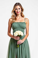Load image into Gallery viewer, Eucalyptus Square Neck A Line Long Bridesmaid Dress with Slit