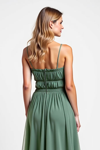 Eucalyptus Square Neck A Line Long Bridesmaid Dress with Slit