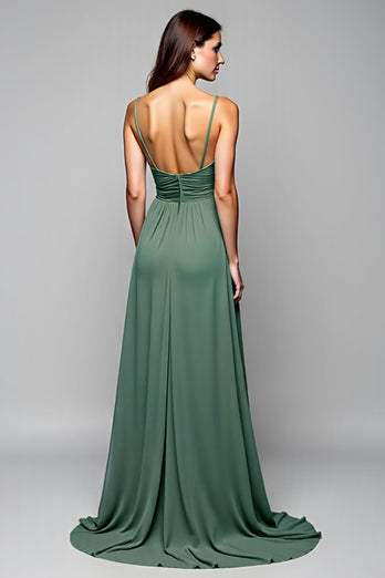 A Line Eucalyptus Backless Long Bridesmaid Dress