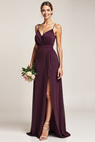 Load image into Gallery viewer, Purple A Line Backless Long Bridesmaid Dress with Slit