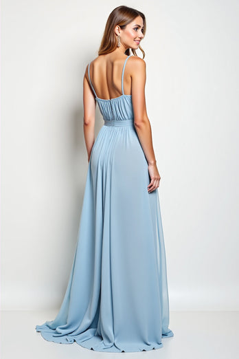 V-Neck Sky Blue Chiffon Long Bridesmaid Dress