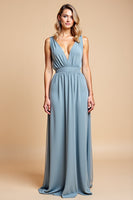 Load image into Gallery viewer, Dusty Blue Backless Deep V-Neck Long Bridesmaid Dress