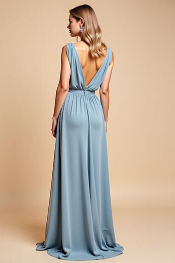 Dusty Blue Backless Deep V-Neck Long Bridesmaid Dress