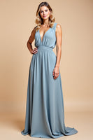 Load image into Gallery viewer, Dusty Blue Backless Deep V-Neck Long Bridesmaid Dress