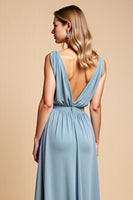 Load image into Gallery viewer, Dusty Blue Backless Deep V-Neck Long Bridesmaid Dress