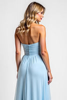 Load image into Gallery viewer, Strapless Sky Blue Long A Line Bridesmaid Dress