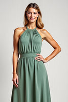 Load image into Gallery viewer, Eucalyptus Halter A Line Long Bridesmaid Dress