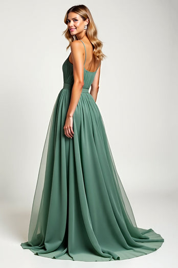 Eucalyptus Square Neck Chiffon Long Bridesmaid Dress