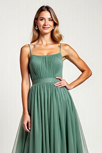 Eucalyptus Square Neck Chiffon Long Bridesmaid Dress