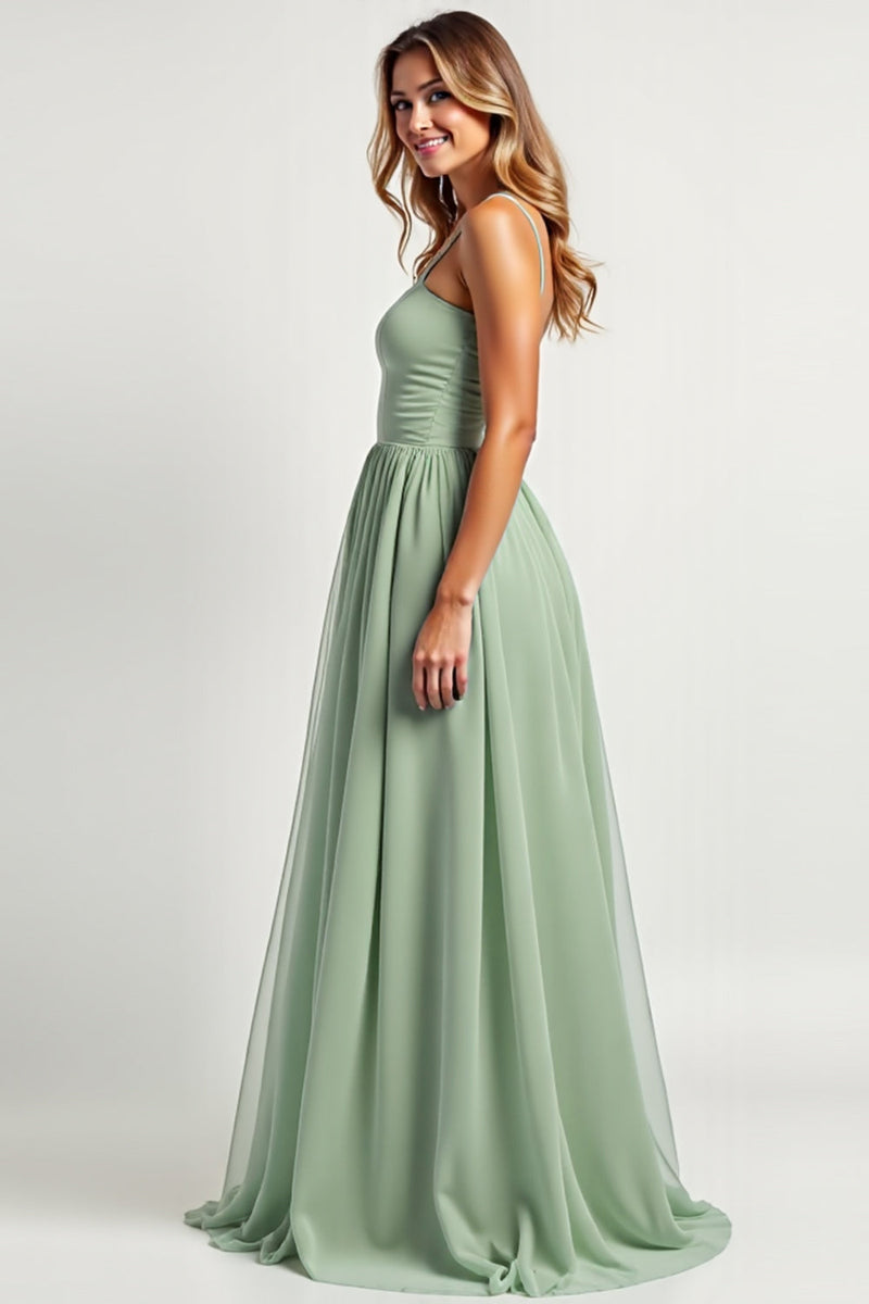 Load image into Gallery viewer, Dusty Sage Long A Line Ruched Bridesmaid Dress