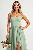 Load image into Gallery viewer, Dusty Sage Long A Line Ruched Bridesmaid Dress