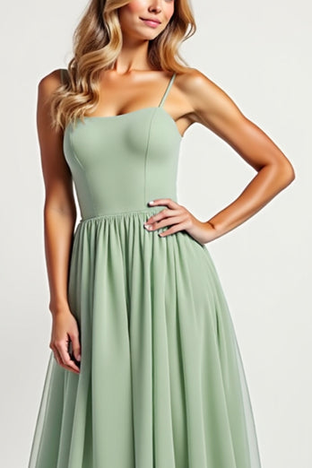 Dusty Sage Long A Line Ruched Bridesmaid Dress