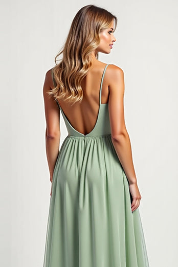Dusty Sage Long A Line Ruched Bridesmaid Dress