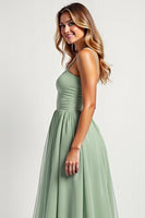 Load image into Gallery viewer, Dusty Sage Long A Line Ruched Bridesmaid Dress