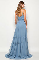 Load image into Gallery viewer, Dusty Blue Chiffon Backless Long Bridesmaid Dress