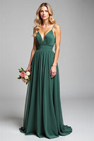 Load image into Gallery viewer, A Line Dark Green Long Deep V-Neck Bridesmaid Dress
