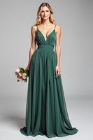 Load image into Gallery viewer, A Line Dark Green Long Deep V-Neck Bridesmaid Dress