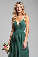 Load image into Gallery viewer, A Line Dark Green Long Deep V-Neck Bridesmaid Dress