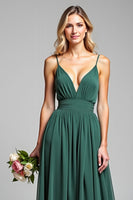 Load image into Gallery viewer, A Line Dark Green Long Deep V-Neck Bridesmaid Dress