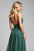 Load image into Gallery viewer, A Line Dark Green Long Deep V-Neck Bridesmaid Dress