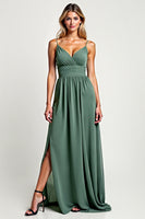 Load image into Gallery viewer, A Line Eucalyptus Chiffon Long Bridesmaid Dress with Slit