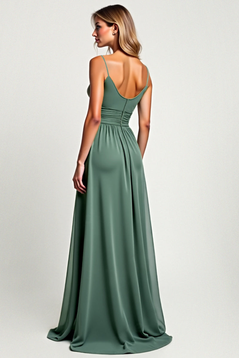Load image into Gallery viewer, A Line Eucalyptus Chiffon Long Bridesmaid Dress with Slit